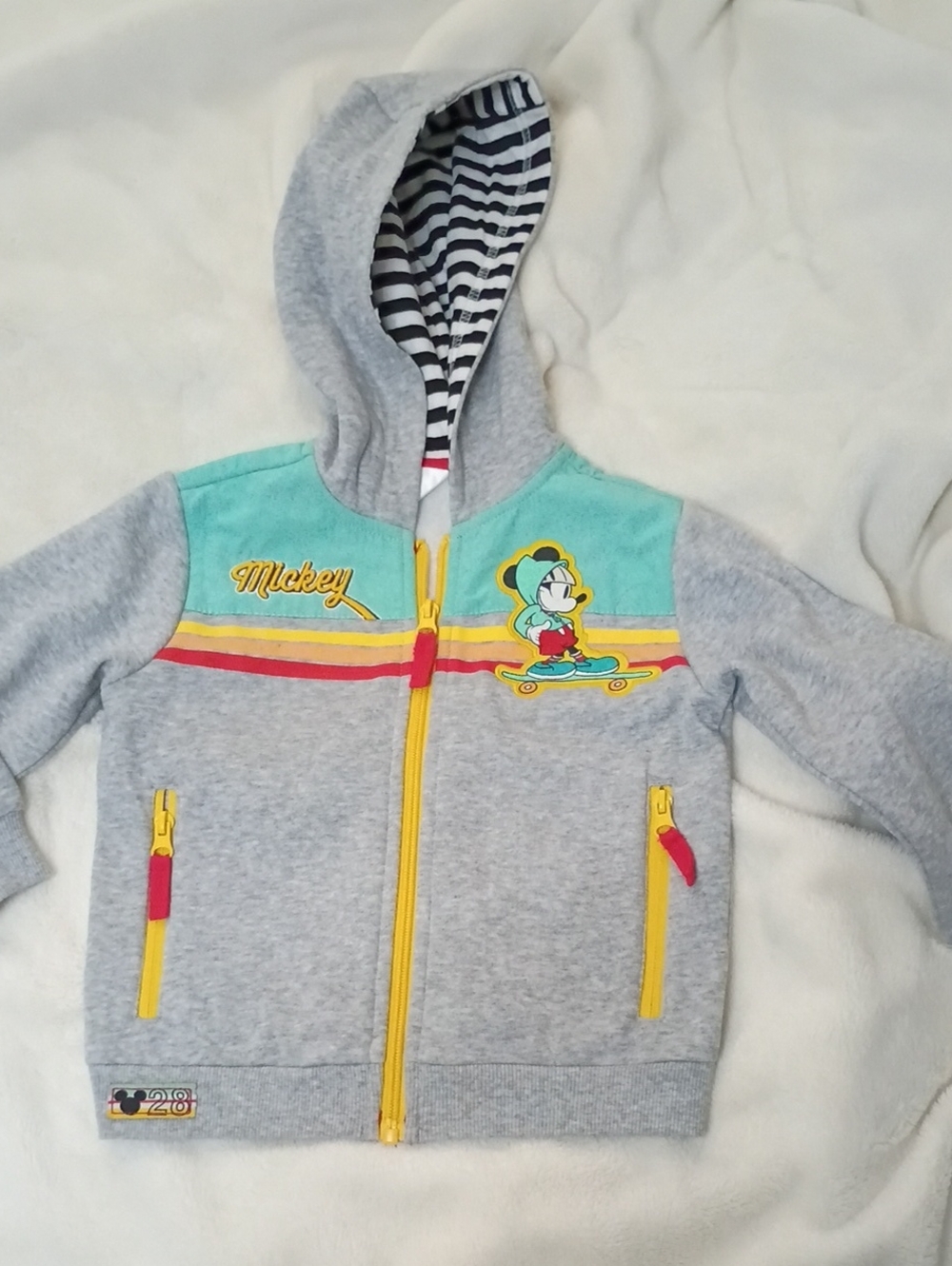 Disney Mickey Mouse Hooded Zip Sweatshirt in Light Gray, Teal & Yellow